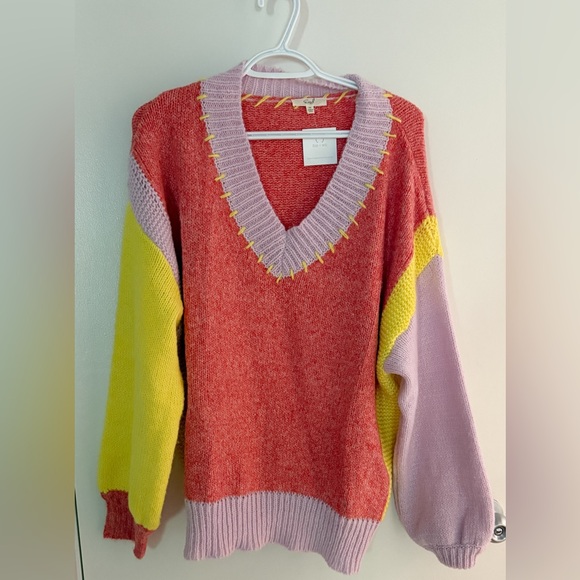 Easel Red, Yellow, and Purple V-Neck Sweater - Picture 3 of 4